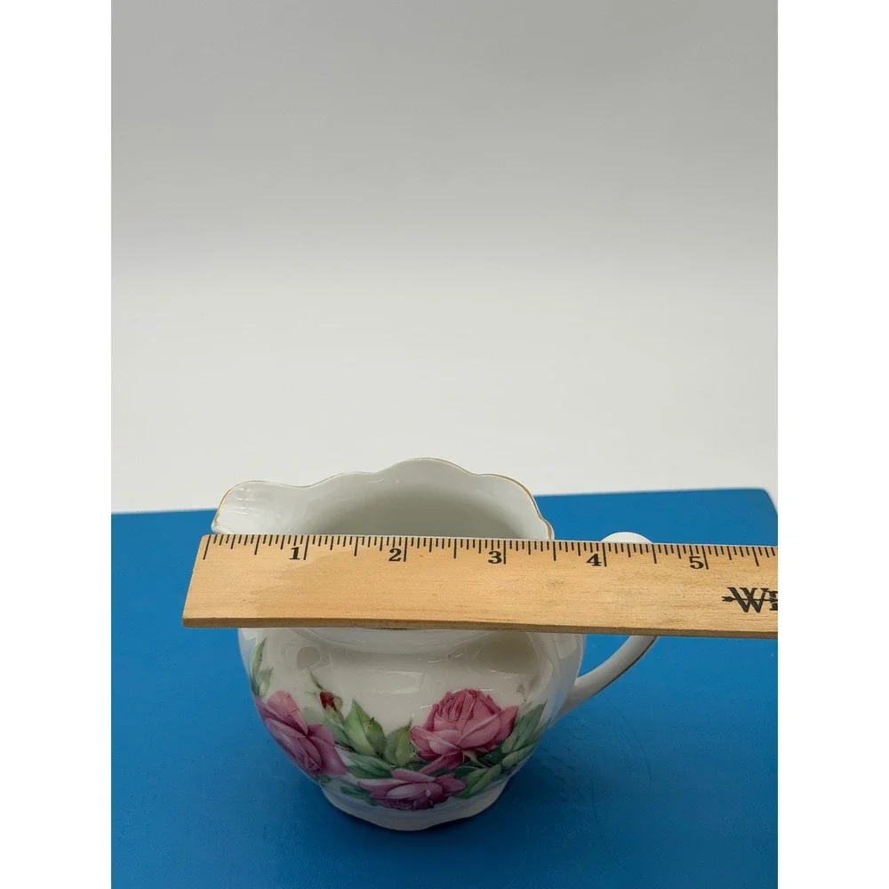 Vintage Bavaria Porcelain Creamer Pink Rose Floral Gold Trim Scalloped Edge